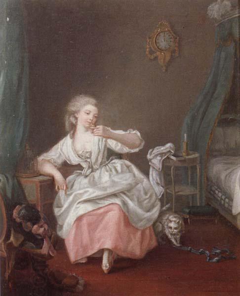 unknow artist A bedroom interior with a young girl holding a song bird